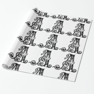 Monogram A Initial Black and White Floral Pattern Geschenkpapier