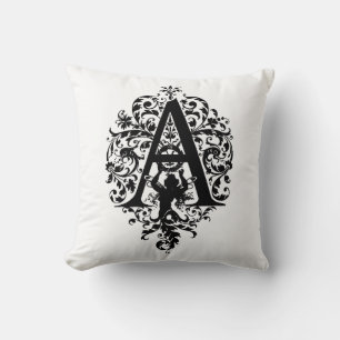Monogram A Initial Black and White Floral Pattern Kissen