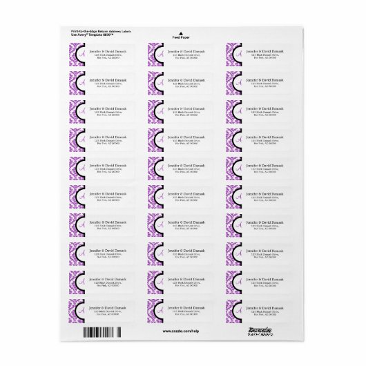 Monogram A Lila Damask Address Labels (Vorne)