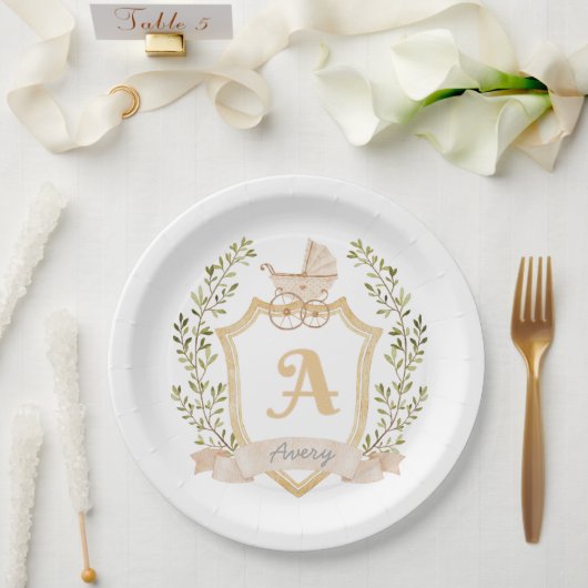 Monogram A | Neutrale Geburtsankündigung Pappteller (Hochzeit)