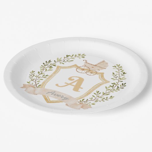 Monogram A | Neutrale Geburtsankündigung Pappteller (Schrägansicht)