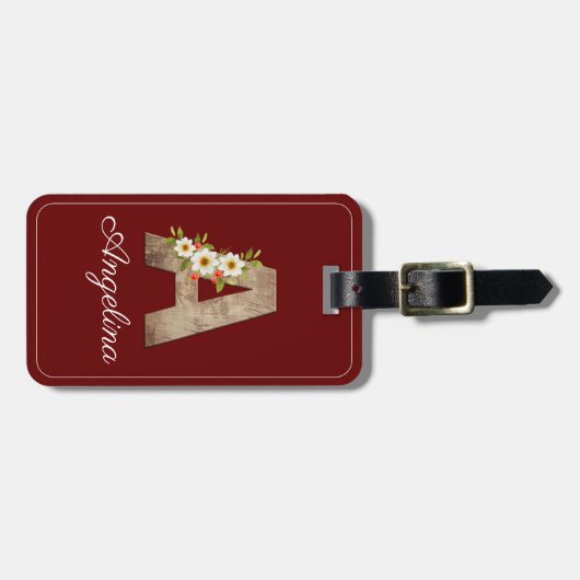 Monogram A red wood Letter Blumen Luggage Tag Gepäckanhänger (Vorderseite horizontal)