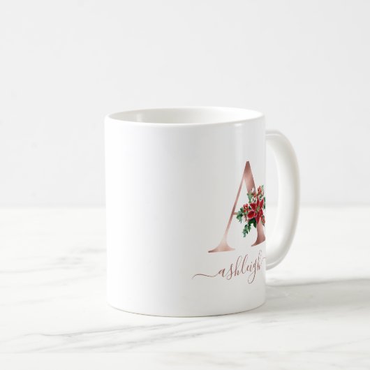 Monogram A Rose Gold Poinsettia Script Kaffeetasse (VorderseiteRechts)