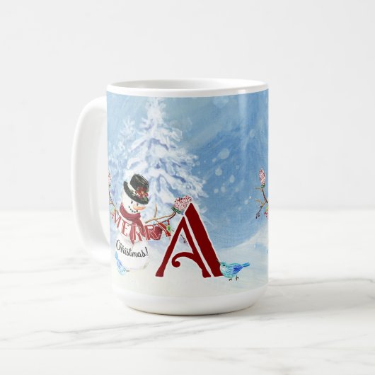 Monogram A Snowy Merry Christmas Snowman Trees Kaffeetasse (Vorderseite Links)