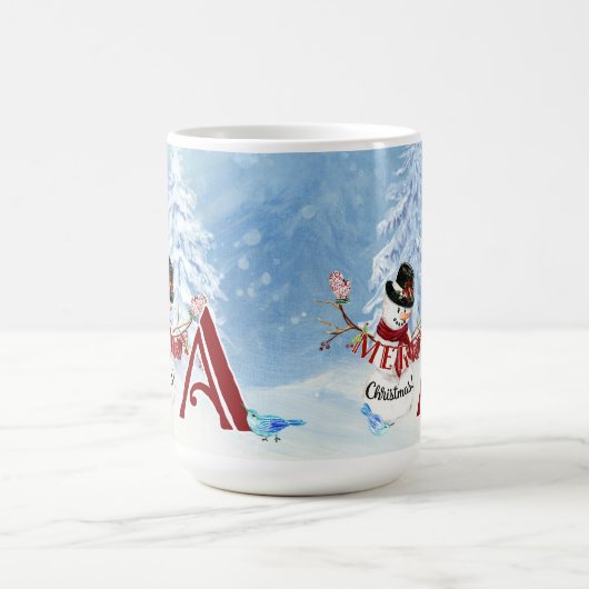 Monogram A Snowy Merry Christmas Snowman Trees Kaffeetasse (Mittel)