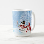 Monogram A Snowy Merry Christmas Snowman Trees Kaffeetasse (VorderseiteRechts)