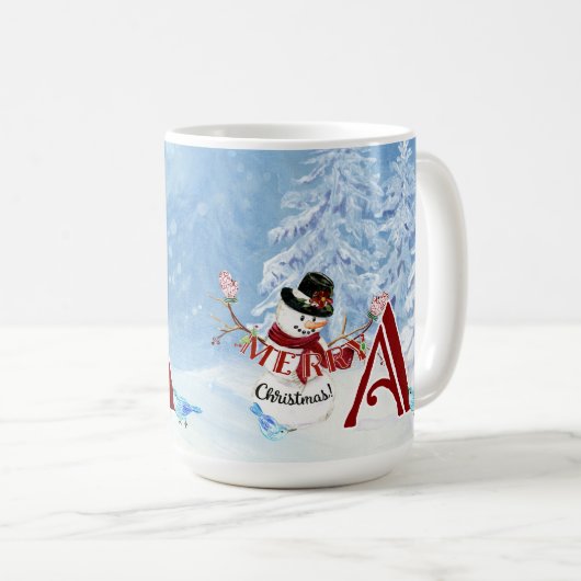 Monogram A Snowy Merry Christmas Snowman Trees Kaffeetasse (VorderseiteRechts)