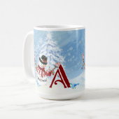 Monogram A Snowy Merry Christmas Snowman Trees Kaffeetasse (Vorderseite Links)