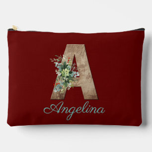 Monogram A wood Letter Dunkelrote Blume Zubehörtasche