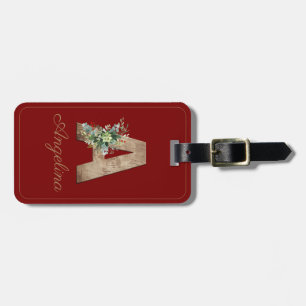 Monogram A wood Letter Red Blumen Luggage Tag Gepäckanhänger
