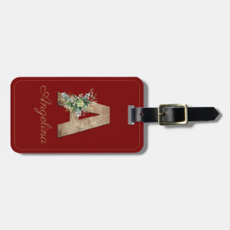 Monogram A wood Letter Red Blumen Luggage Tag Gepäckanhänger