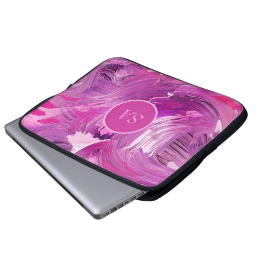 Monogram Abstrakt Art Lila Pink Pinselstriche Laptopschutzhülle (Vorne Knopf)