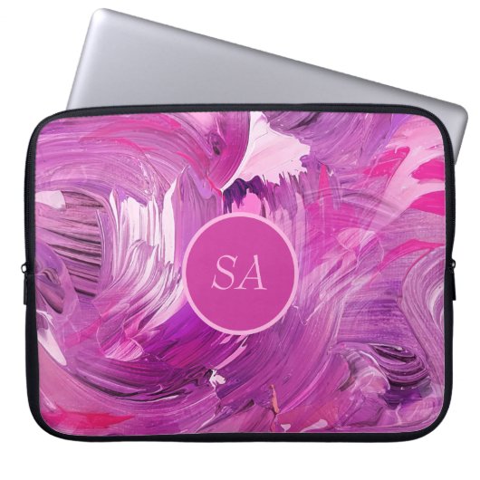 Monogram Abstrakt Art Lila Pink Pinselstriche Laptopschutzhülle (Vorderseite)
