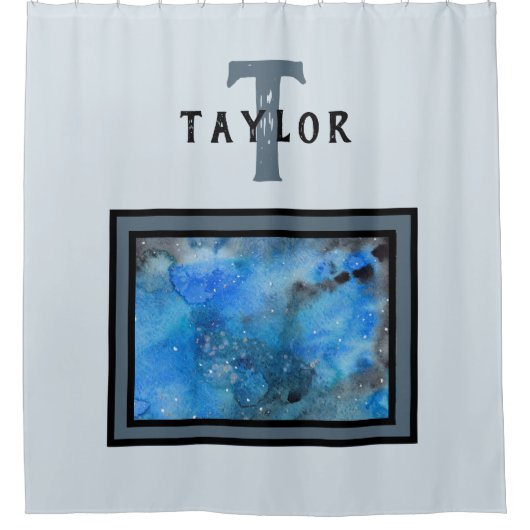 Monogram Abstrakt Blue Black Wassercolor Fine Art Duschvorhang (Vorderseite)