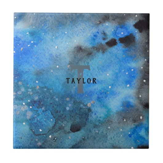Monogram Abstrakt Blue Black Wassercolor Fine Art Fliese (Vorderseite)