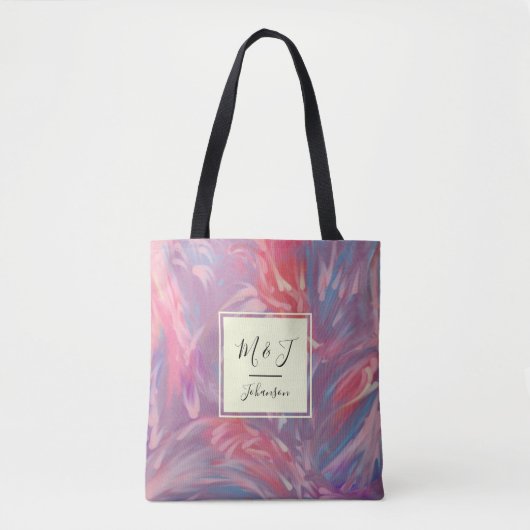 Monogram Abstrakt Blue Lavendel Lila Rose Wirbel Tasche (Vorderseite)
