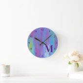 Monogram Abstrakt Blue Lila Green Runde Wanduhr (Zuhause)