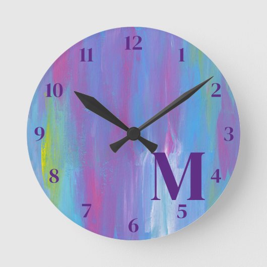 Monogram Abstrakt Blue Lila Green Runde Wanduhr (Vorderseite)