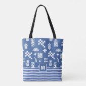 Monogram Abstrakt Geometric Bird Floral Blue Tasche (Rückseite)