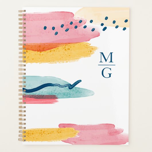 Monogram Abstrakt Watercolor Navy Blue Pink Yellow Planer (Vorderseite)
