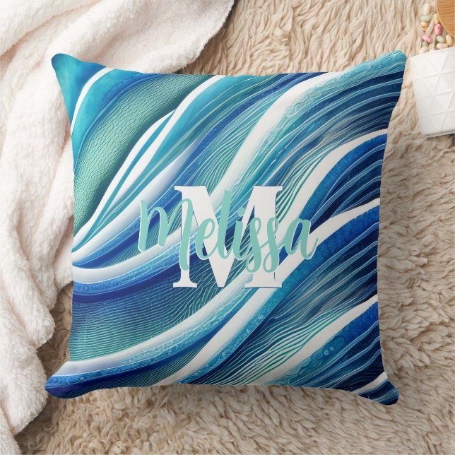 Monogram Abstrakt Waves in blau und grün Kissen (Decke)