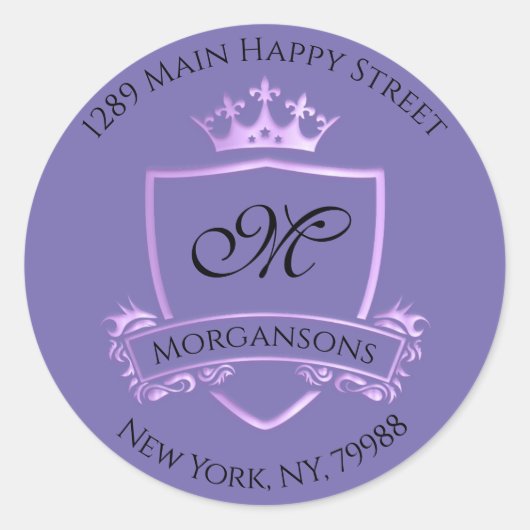 Monogram Address Crown Royal Violet Lila Runder Aufkleber (Vorderseite)