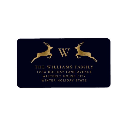 Monogram-Adresse der Midnight Navy Gold Deer Famil Adressaufkleber (Vorne)