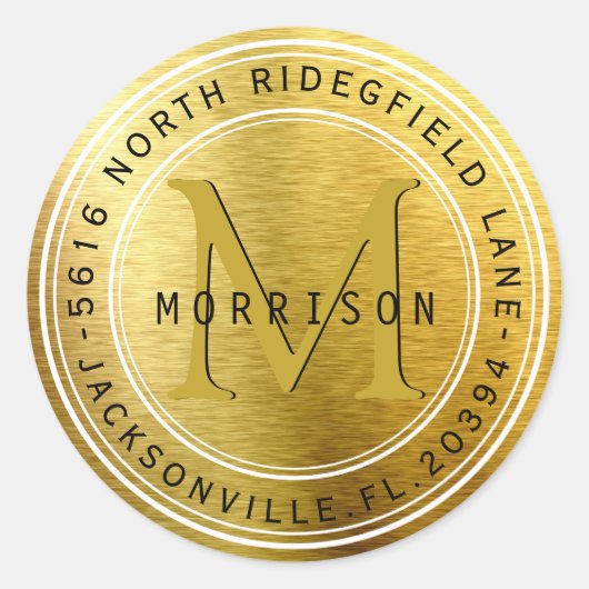 Monogram-Adressenlabel in Gold Metallic Runder Aufkleber (Vorderseite)