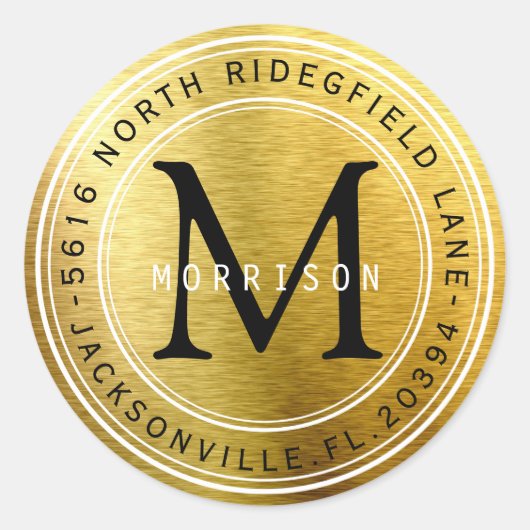 Monogram-Adressenlabel in Gold Metallic Runder Aufkleber (Vorderseite)