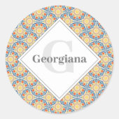 Monogram-Ägäische Sommer-Orangen und Zitronenfäche Runder Aufkleber (Vorderseite)