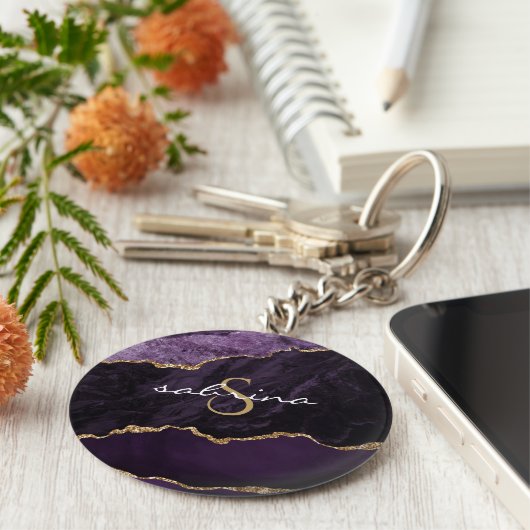 Monogram Agate Geode Lila Gold Schlüsselanhänger (Seite)