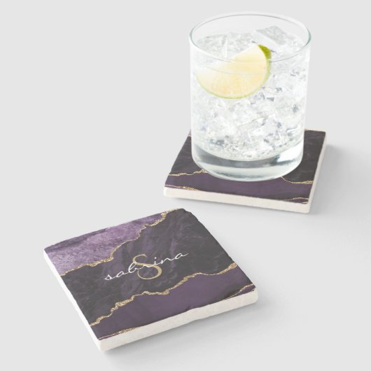 Monogram Agate Geode Lila Gold Steinuntersetzer (Seitenansicht)