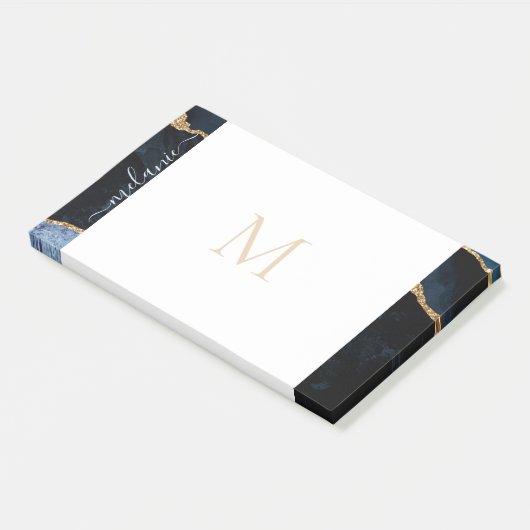 Monogram Agate Navy Blue Gold Glitzer Gemstone Post-it Klebezettel (angewinkelt)