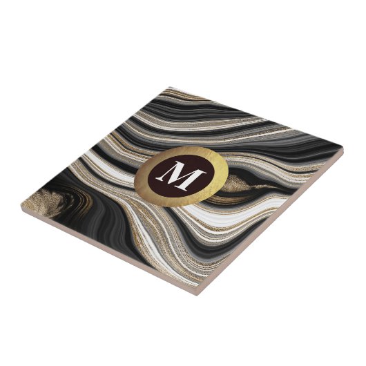 Monogram Agate Schwarz-weiß Gold Fliese (Seite)