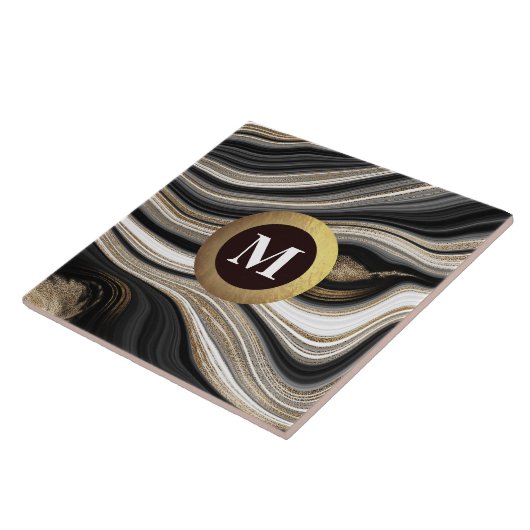 Monogram Agate Schwarz-weiß Gold Fliese (Seite)
