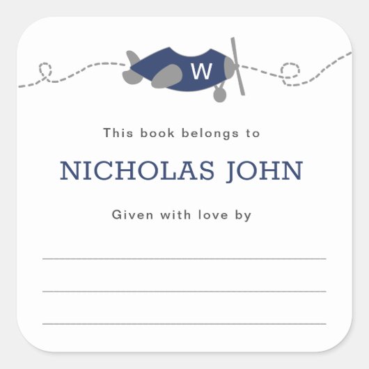 Monogram Airplane Boy Baby Shooting Buchzeichen Quadratischer Aufkleber (Vorderseite)