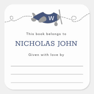 Monogram Airplane Boy Baby Shooting Buchzeichen Quadratischer Aufkleber