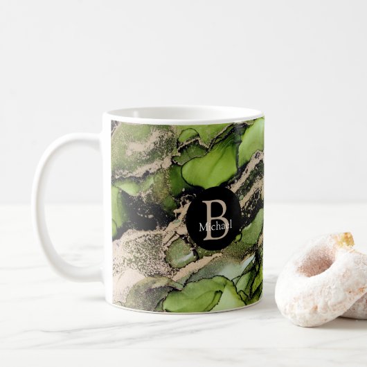 Monogram Alcohol Ink Black Green Gold Kaffeetasse (Mit Donut)