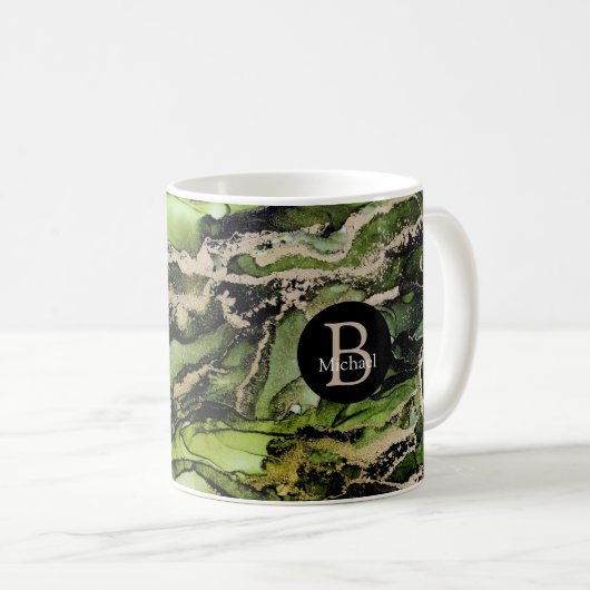 Monogram Alcohol Ink Black Green Gold Kaffeetasse (VorderseiteRechts)
