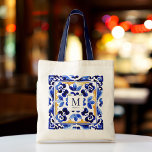 Monogram Amalfi Vietri Geschenke Tragetasche<br><div class="desc">Monogram Amalfi Positano Vietri blau Majolica Fliesen Brautparty bevorzugt personalisierte Namen Tote Tasche,  Bridesmaid Geschenke,  Geschenke für alle Anlässe,  mediterrane Themen blau weiß und gelbe Fliesen personalisiert Geschenke</div>