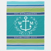 Monogram Anchor Laurel Wreath Stripes Nautic Fleecedecke (Vorderseite)