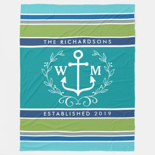 Monogram Anchor Laurel Wreath Stripes Nautic Fleecedecke (Vorderseite)