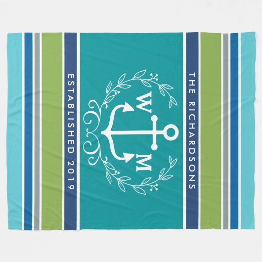 Monogram Anchor Laurel Wreath Stripes Nautic Fleecedecke (Vorderseite (Horizontal))