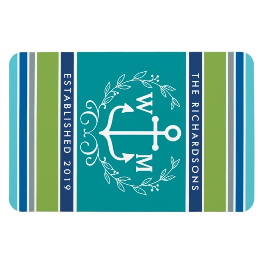 Monogram Anchor Laurel Wreath Stripes Nautic Magnet (Horizontal)