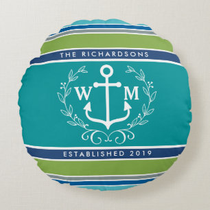 Monogram Anchor Laurel Wreath Stripes Nautic Rundes Kissen