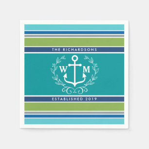 Monogram Anchor Laurel Wreath Stripes Nautic Serviette