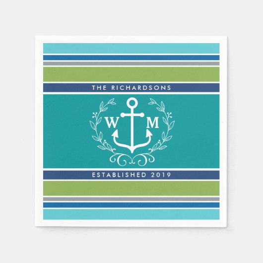 Monogram Anchor Laurel Wreath Stripes Nautic Serviette (Vorderseite)