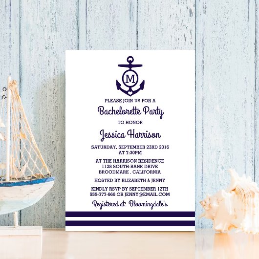 Monogram Anchor Nautical Junggeselinnen-Abschied Einladung