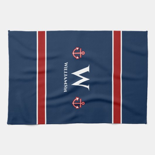 Monogram Anchor Nautical Red White Stripes Geschirrtuch (Horizontal)