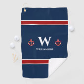 Monogram Anchor Nautical Red White Stripes Golfhandtuch (Insitu)